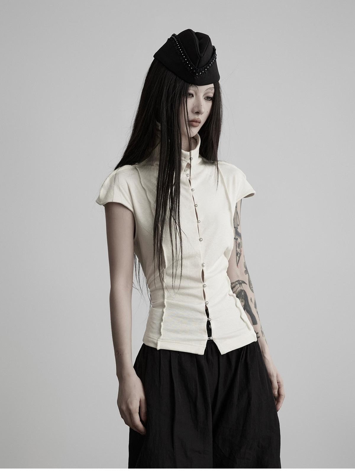 INDULGE Buttoned Knit High Neck Pleated Waist Women&