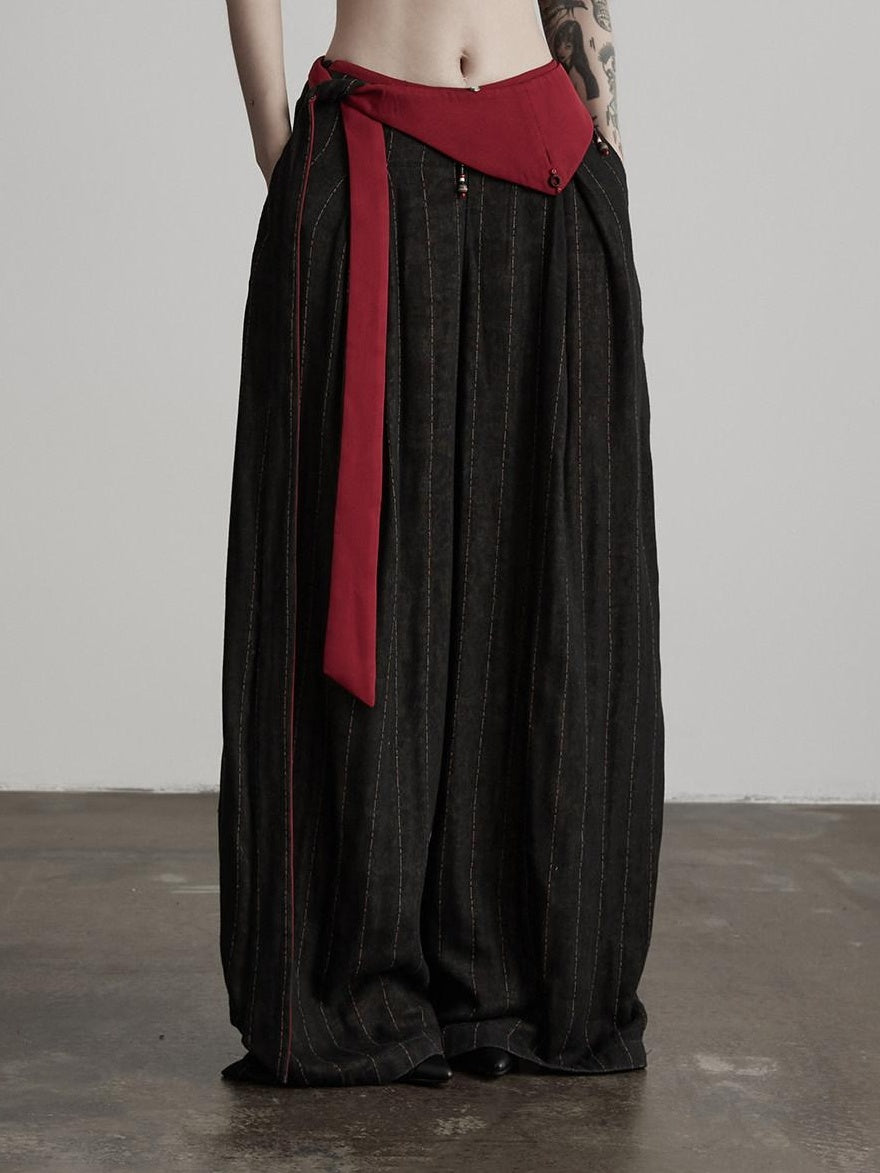 INDULGE Comfortable Striped Patchwork Pockets Women Cotton Elastic Waist Wide-Leg Pants