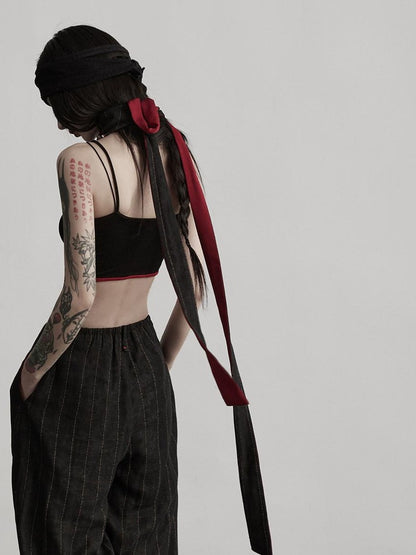 INDULGE Comfortable Striped Patchwork Pockets Women Cotton Elastic Waist Wide-Leg Pants