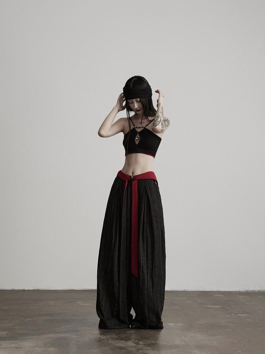 INDULGE Comfortable Striped Patchwork Pockets Women Cotton Elastic Waist Wide-Leg Pants