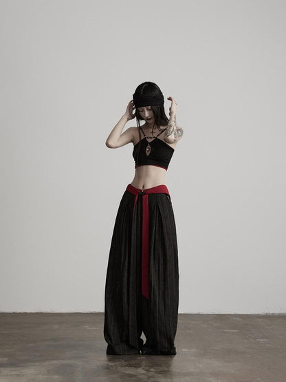 INDULGE Comfortable Striped Patchwork Pockets Women Cotton Elastic Waist Wide-Leg Pants