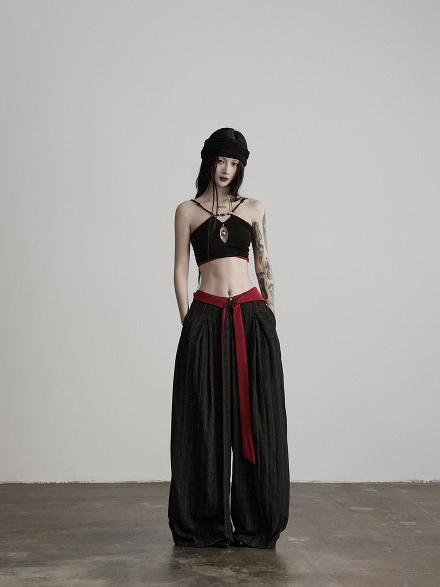 INDULGE Comfortable Striped Patchwork Pockets Women Cotton Elastic Waist Wide-Leg Pants