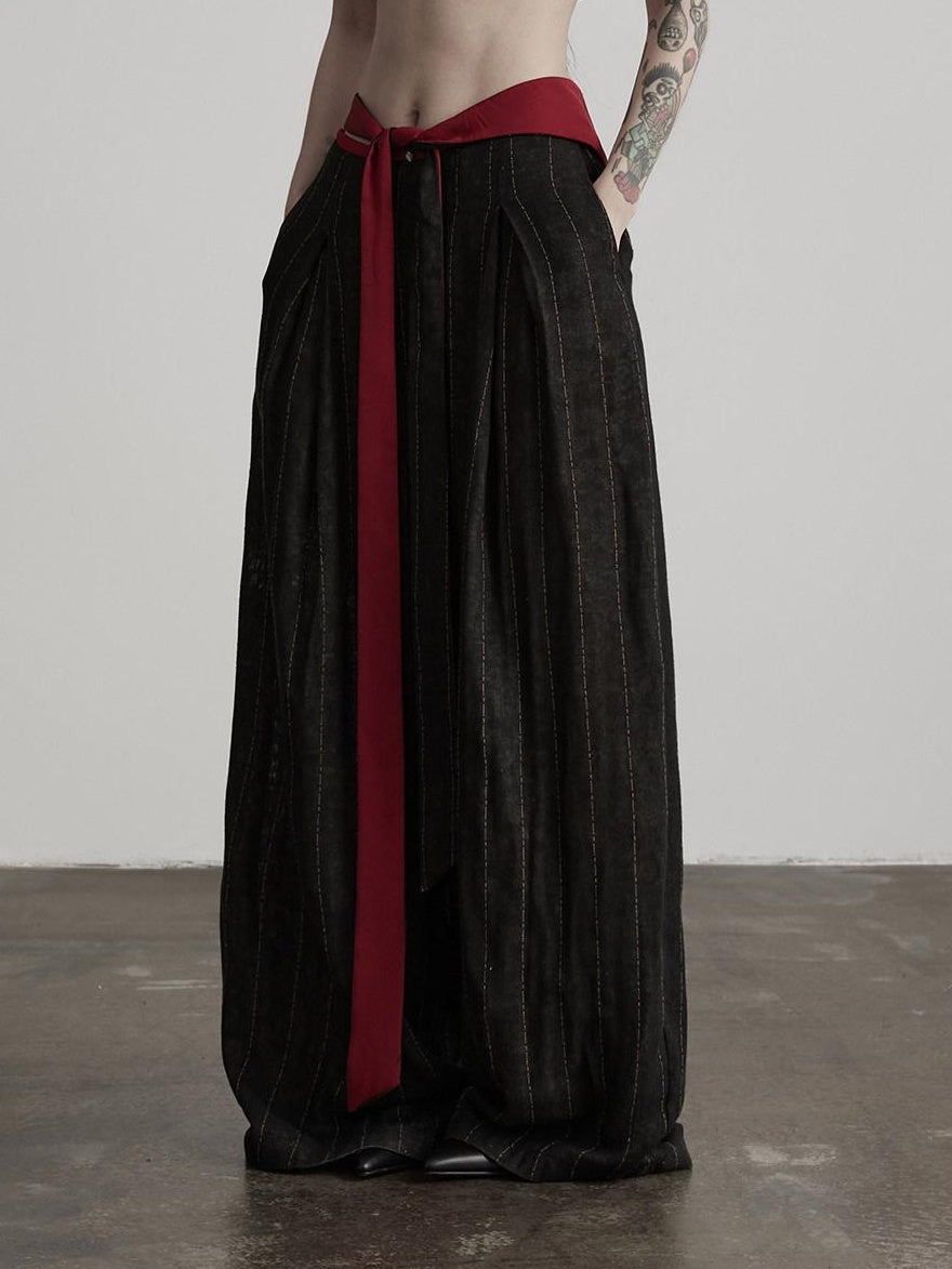 INDULGE Comfortable Striped Patchwork Pockets Women Cotton Elastic Waist Wide-Leg Pants