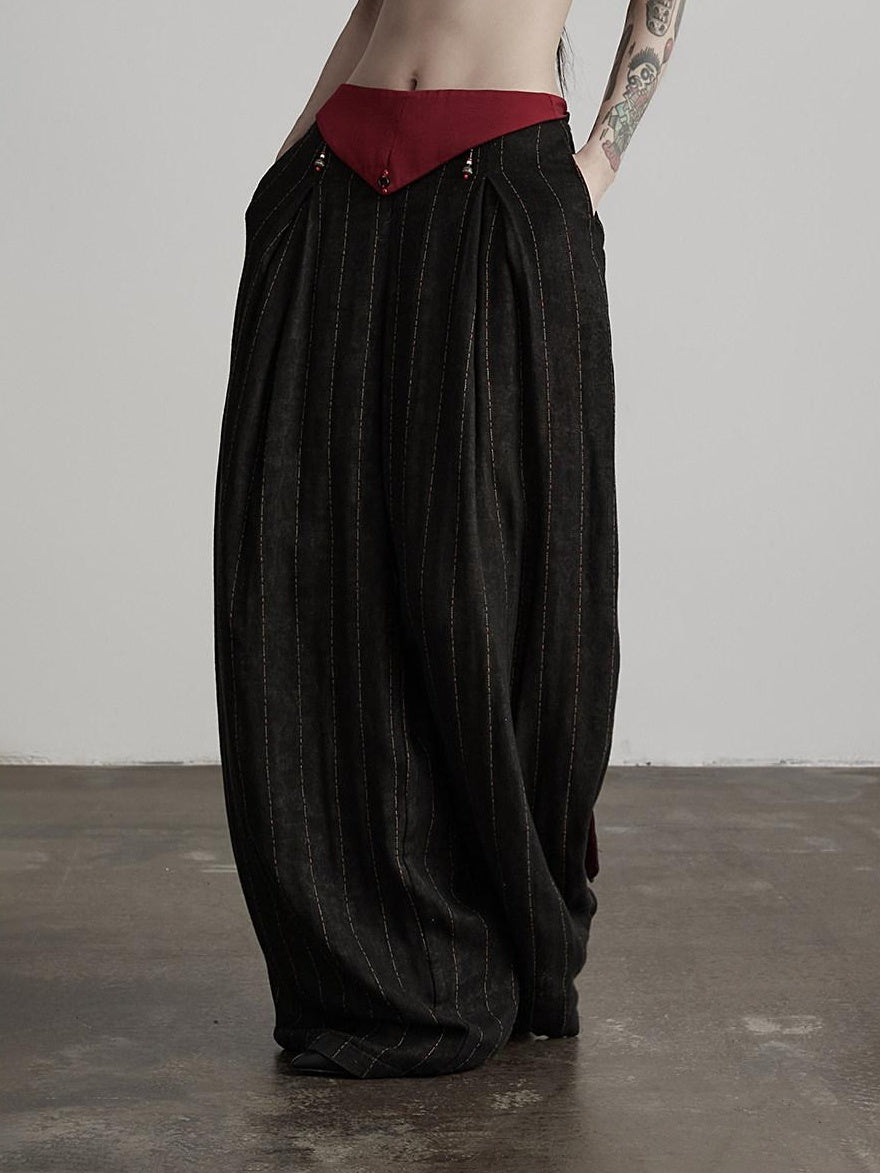 INDULGE Comfortable Striped Patchwork Pockets Women Cotton Elastic Waist Wide-Leg Pants