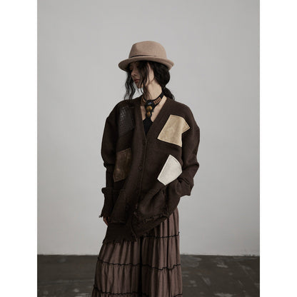 INDULGE Cozy Kangaroo Pocket Street Loose Fit V-neck Brown Knit Women Cardigans