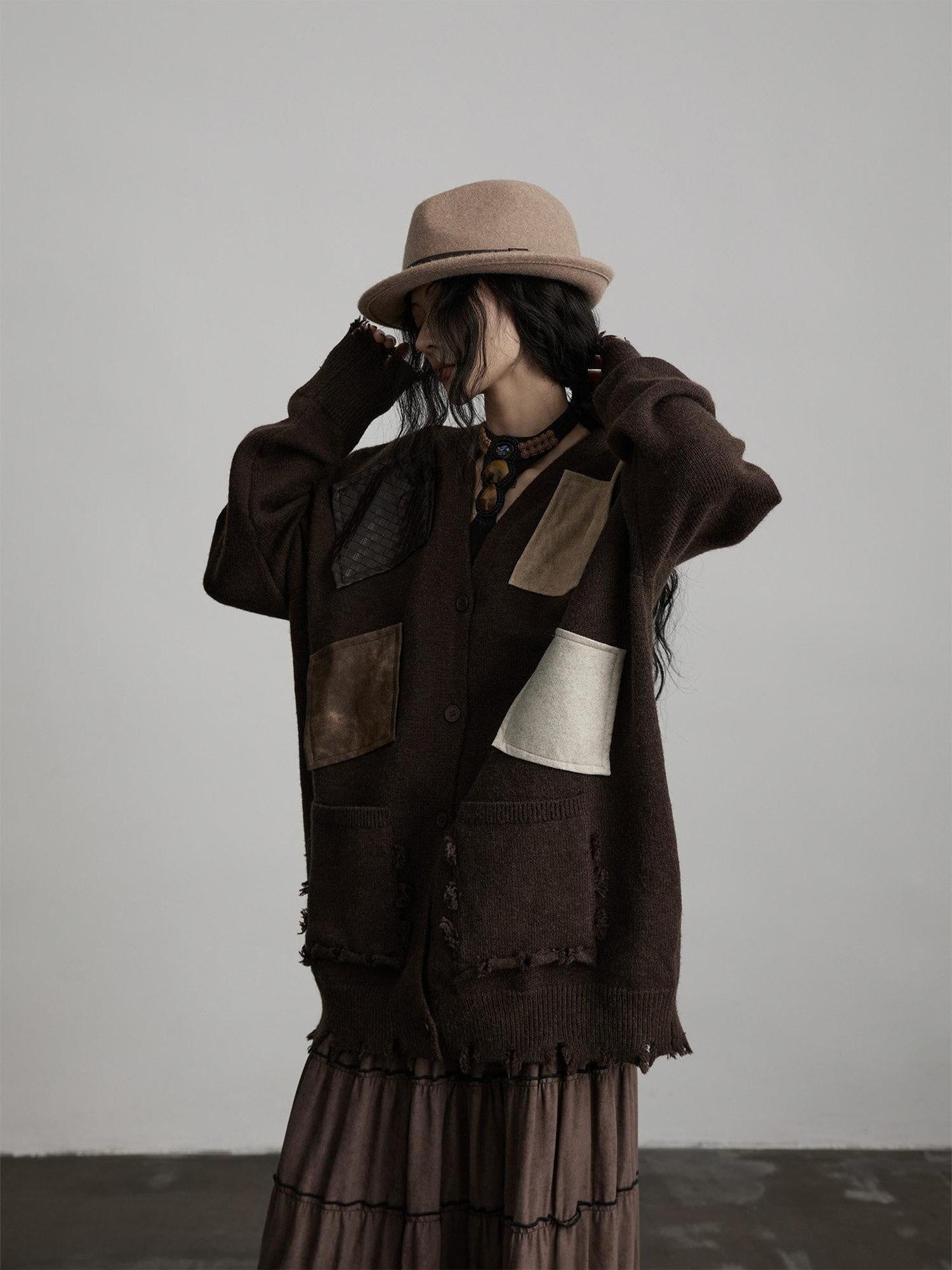 INDULGE Cozy Kangaroo Pocket Street Loose Fit V-neck Brown Knit Women Cardigans