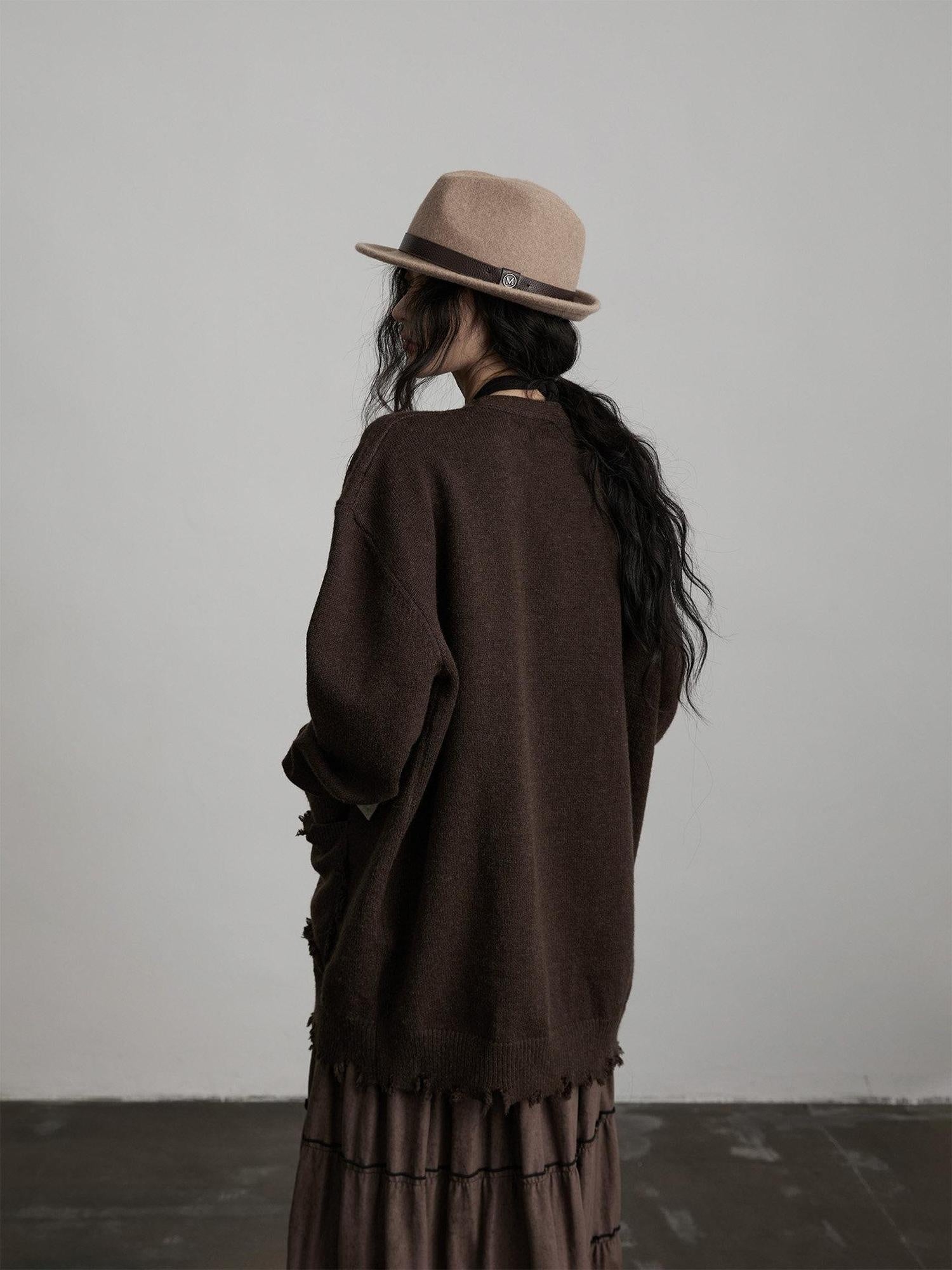 INDULGE Cozy Kangaroo Pocket Street Loose Fit V-neck Brown Knit Women Cardigans