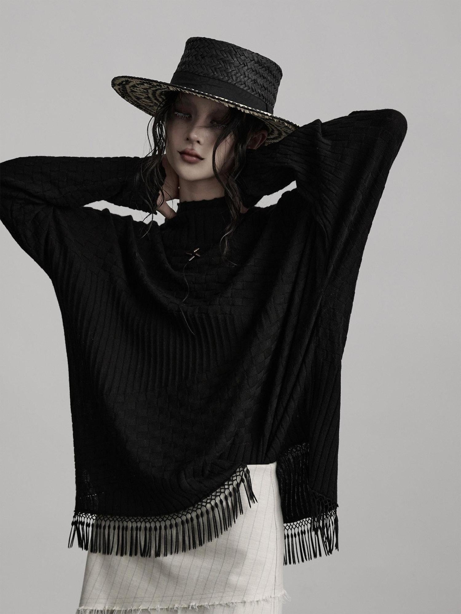INDULGE Cozy Knit Tassel Sweet Oversized Pullover Solid Black Long Sleeve T-Shirts