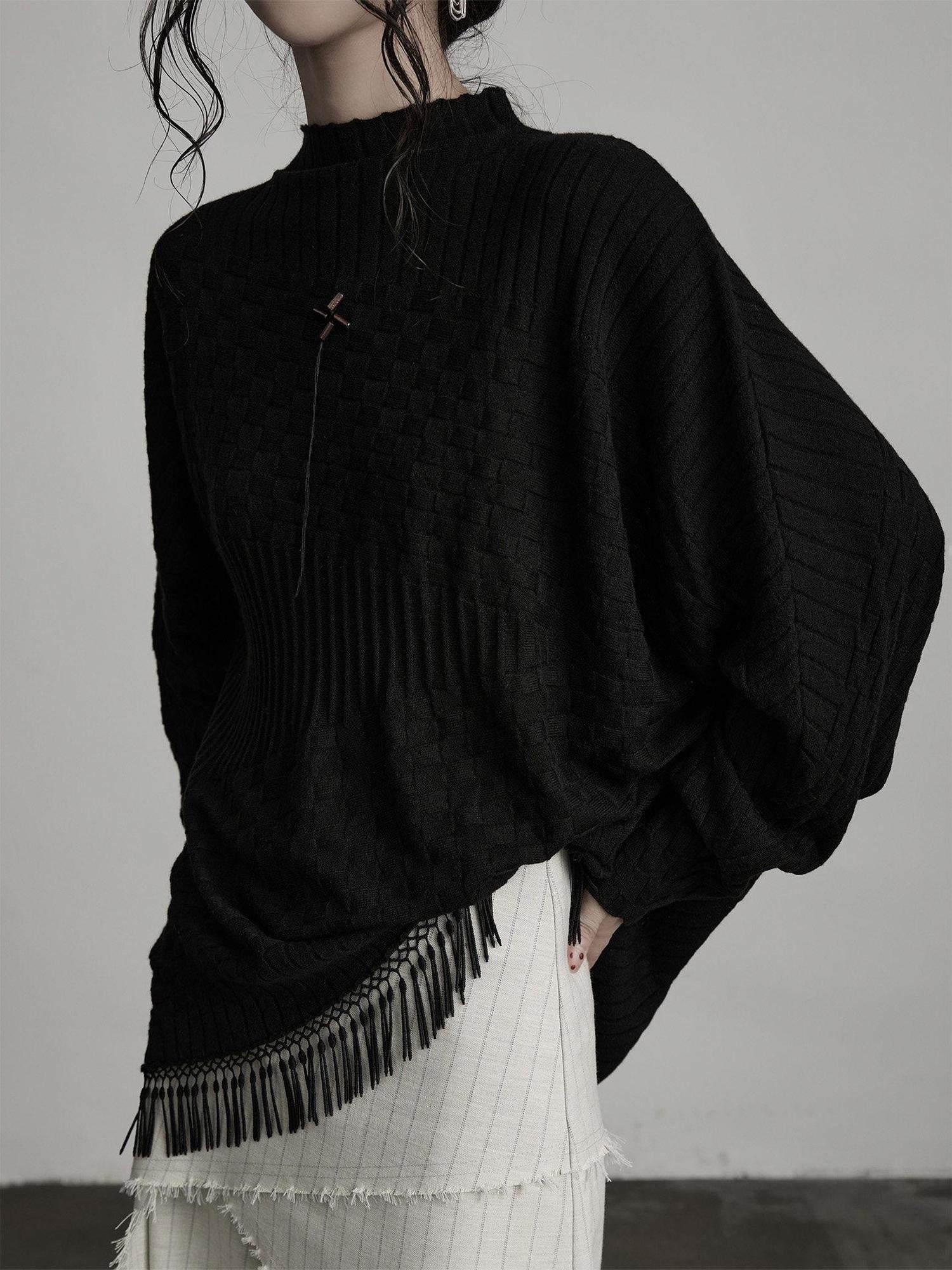 INDULGE Cozy Knit Tassel Sweet Oversized Pullover Solid Black Long Sleeve T-Shirts
