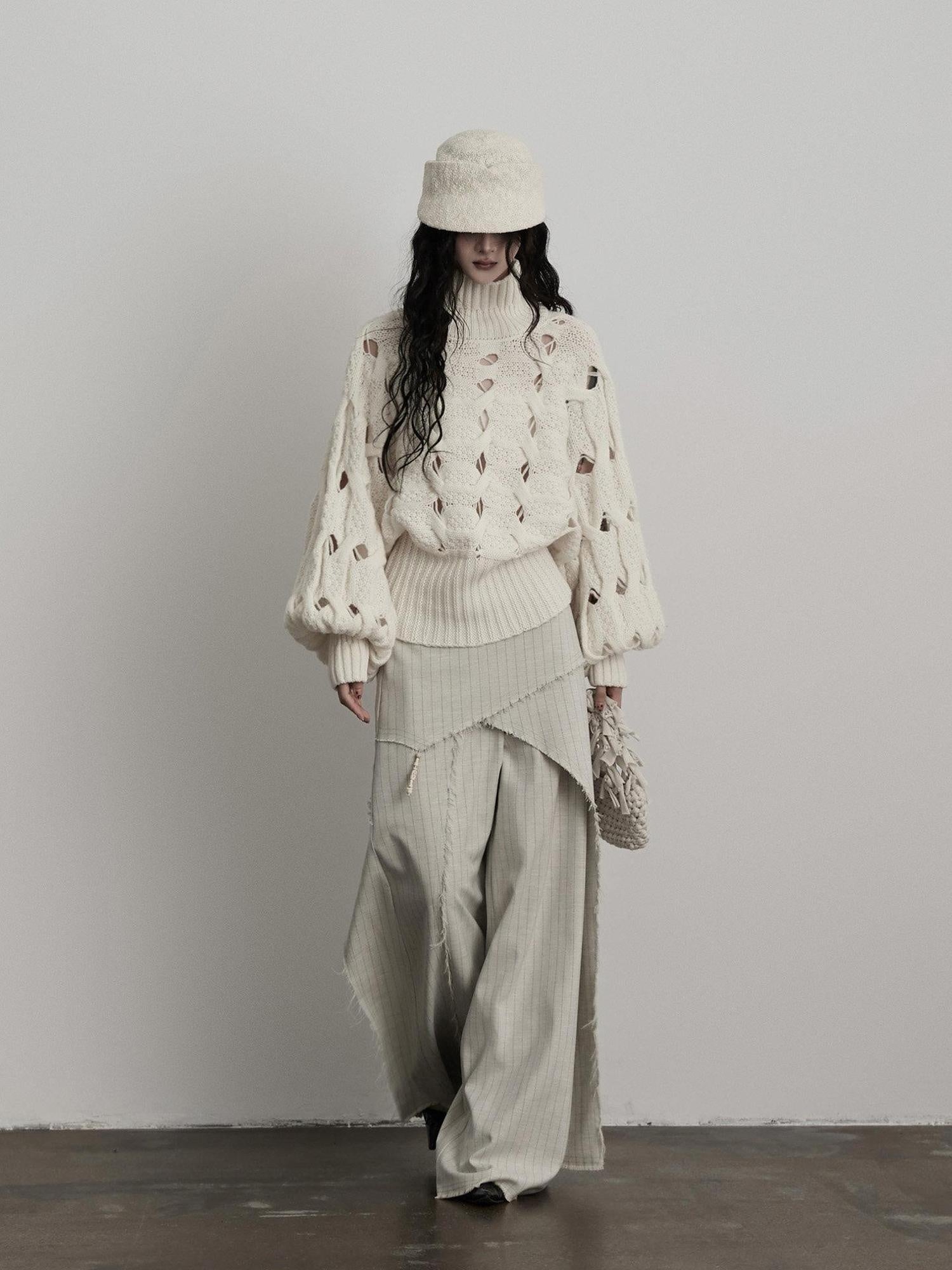 INDULGE Cozy Oversized Turtleneck Commuter Knit Long Sleeve White Sweaters