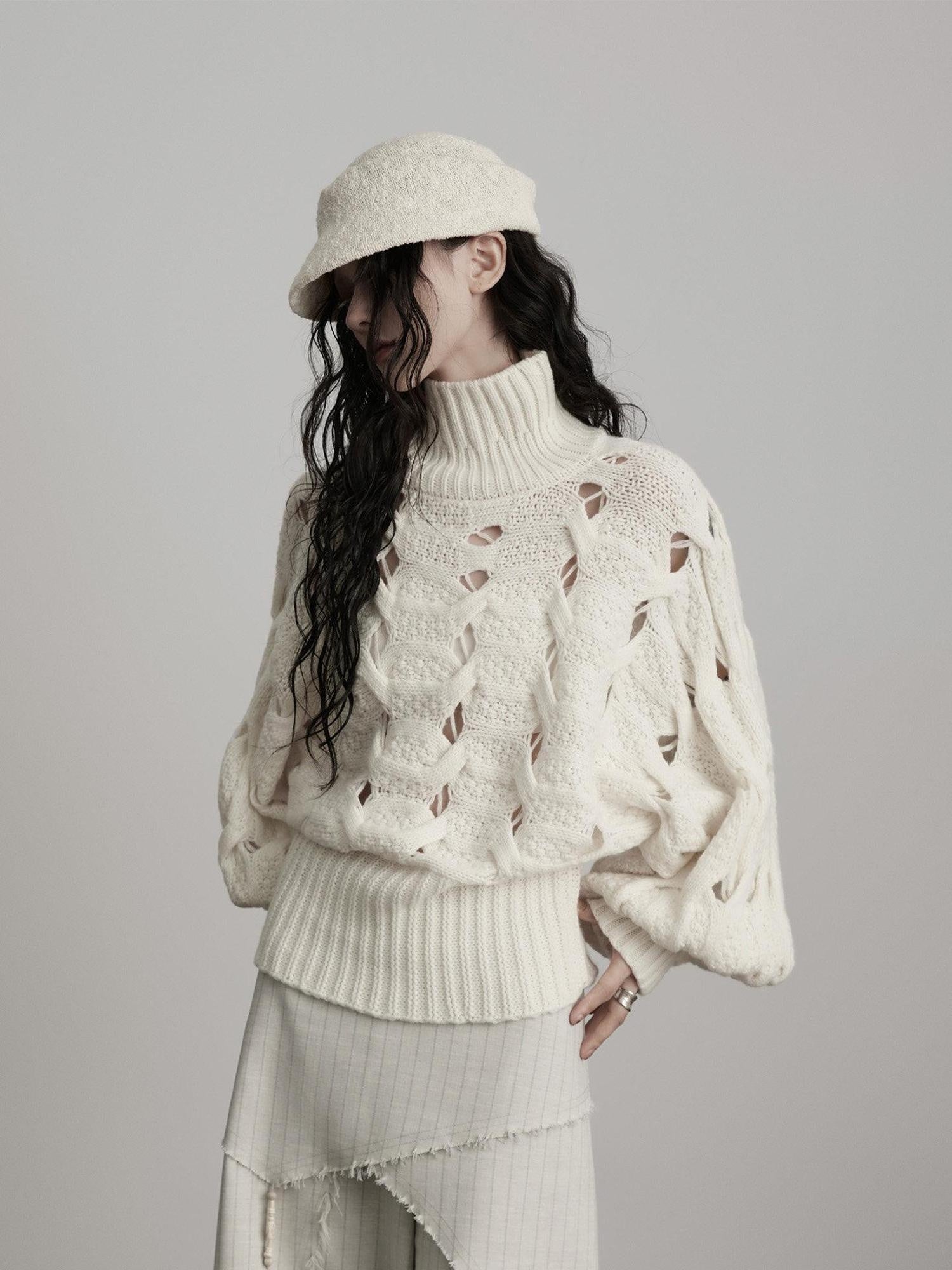 INDULGE Cozy Oversized Turtleneck Commuter Knit Long Sleeve White Sweaters