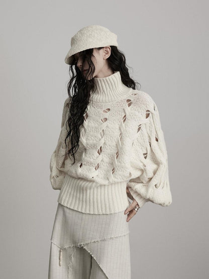INDULGE Cozy Oversized Turtleneck Commuter Knit Long Sleeve White Sweaters