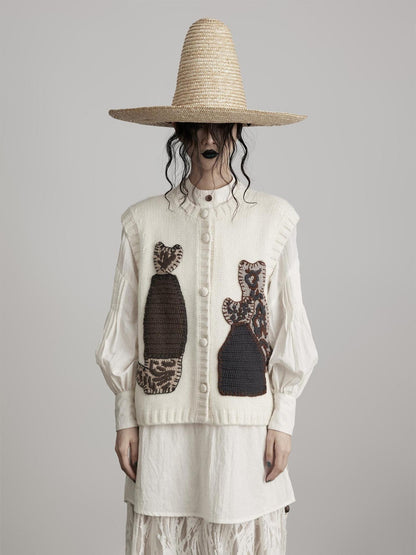 INDULGE Cute Animal Sleeveless Loose Knit Commuter Crew Neck White Cardigans