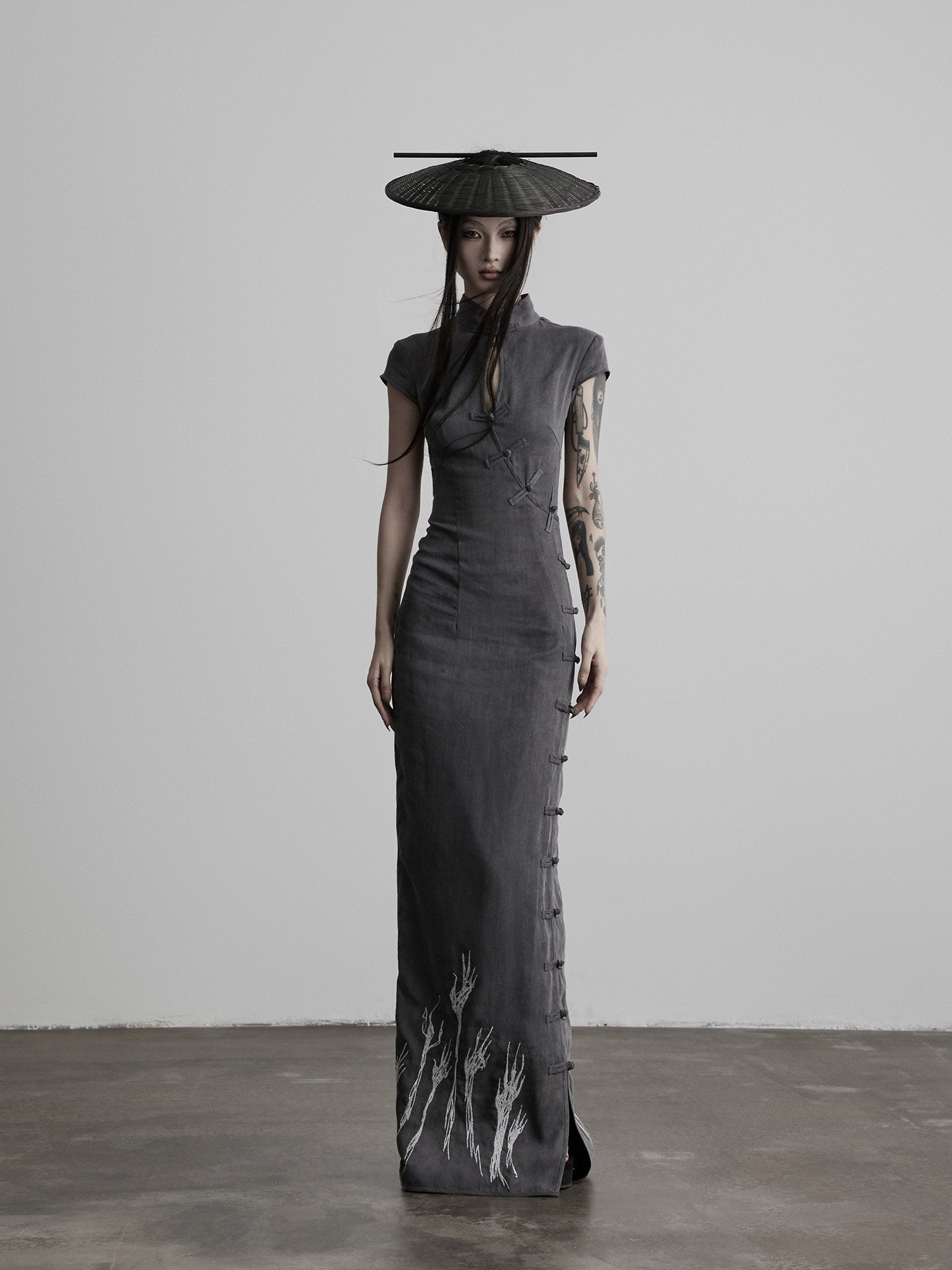 INDULGE_Dark_Embroidered_Stand_Collar_Cutout_Waist_Women&