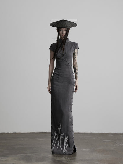 INDULGE_Dark_Embroidered_Stand_Collar_Cutout_Waist_Women&