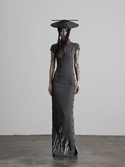 INDULGE Dark Embroidered Stand Collar Cutout Waist Women&