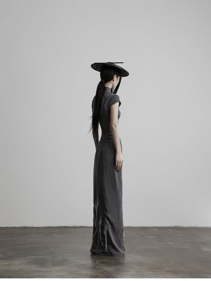 INDULGE Dark Embroidered Stand Collar Cutout Waist Women&