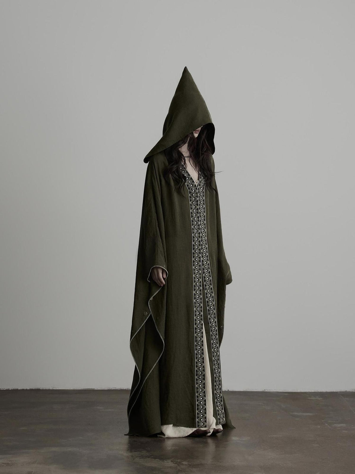 INDULGE Dark Forest Green Embroidered Detachable Hood Long Women&