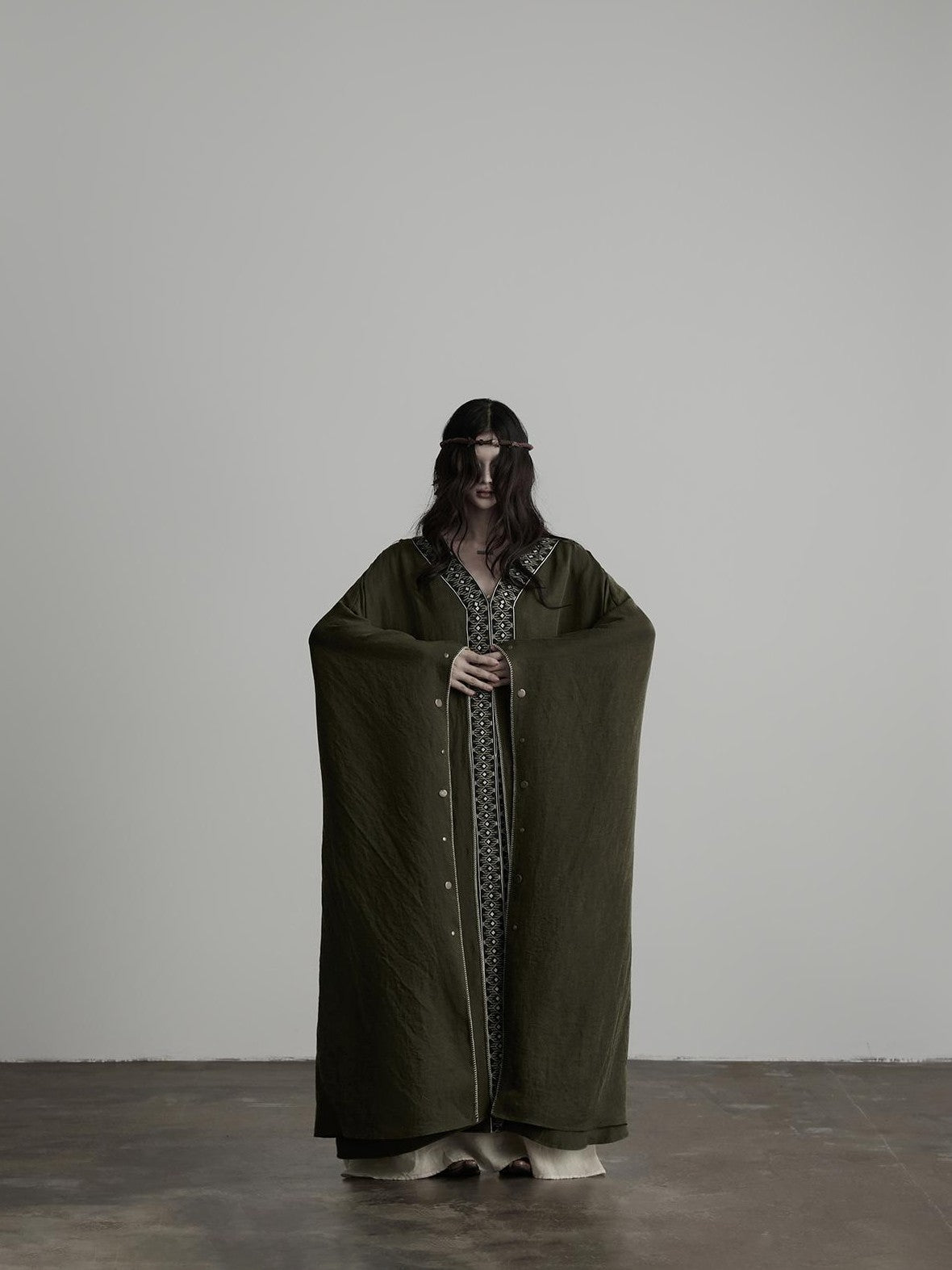 INDULGE Dark Forest Green Embroidered Detachable Hood Long Women&