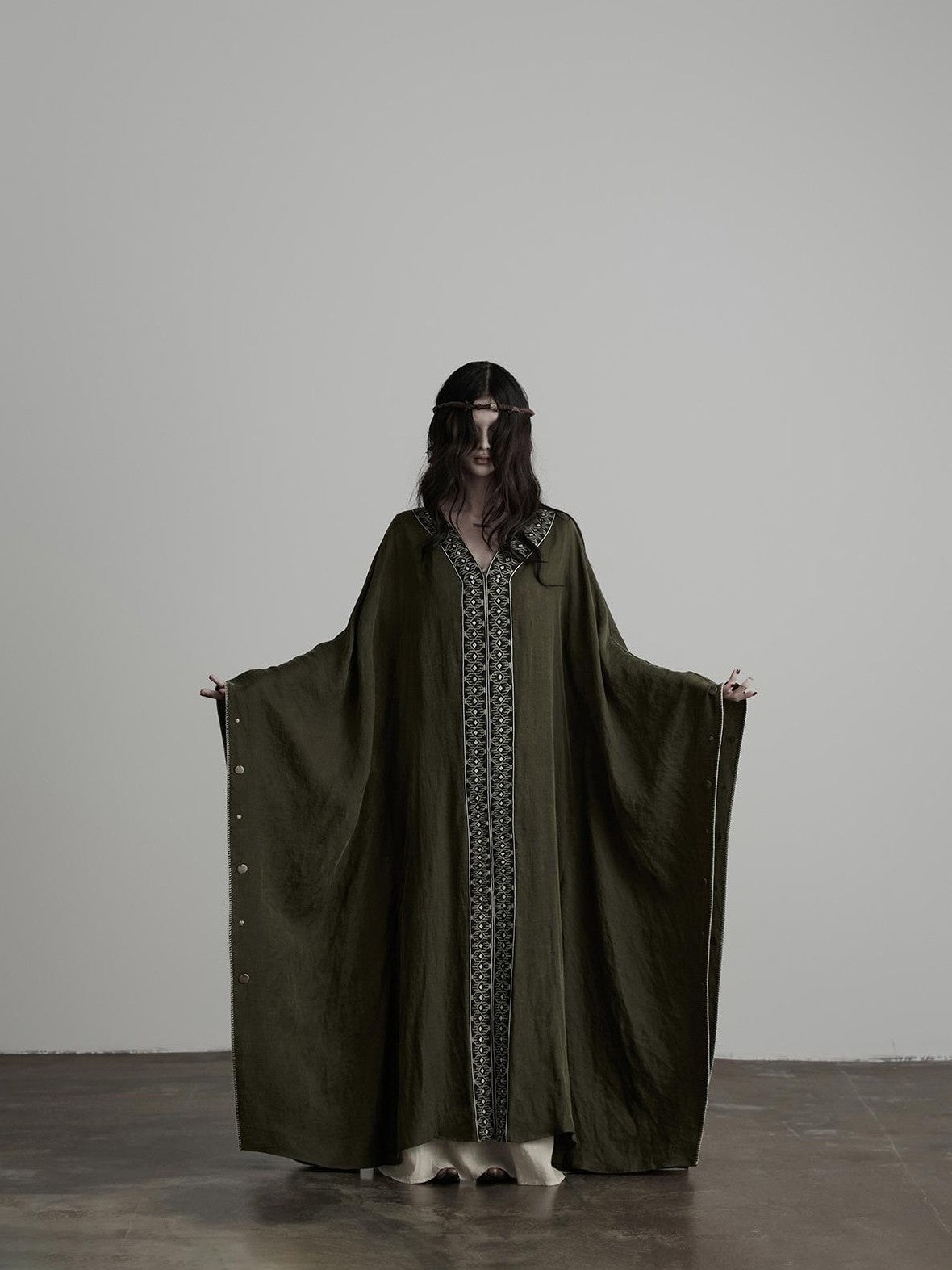 INDULGE Dark Forest Green Embroidered Detachable Hood Long Women&