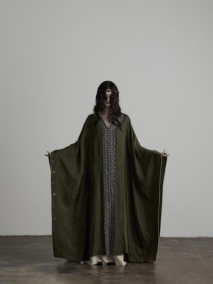 INDULGE Dark Forest Green Embroidered Detachable Hood Long Women&