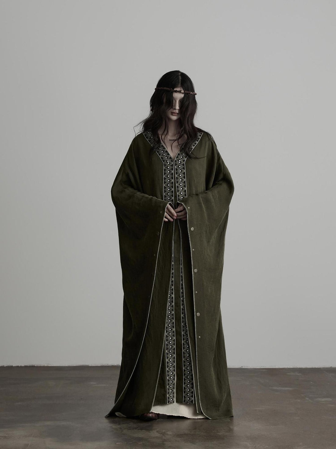 INDULGE Dark Forest Green Embroidered Detachable Hood Long Women&