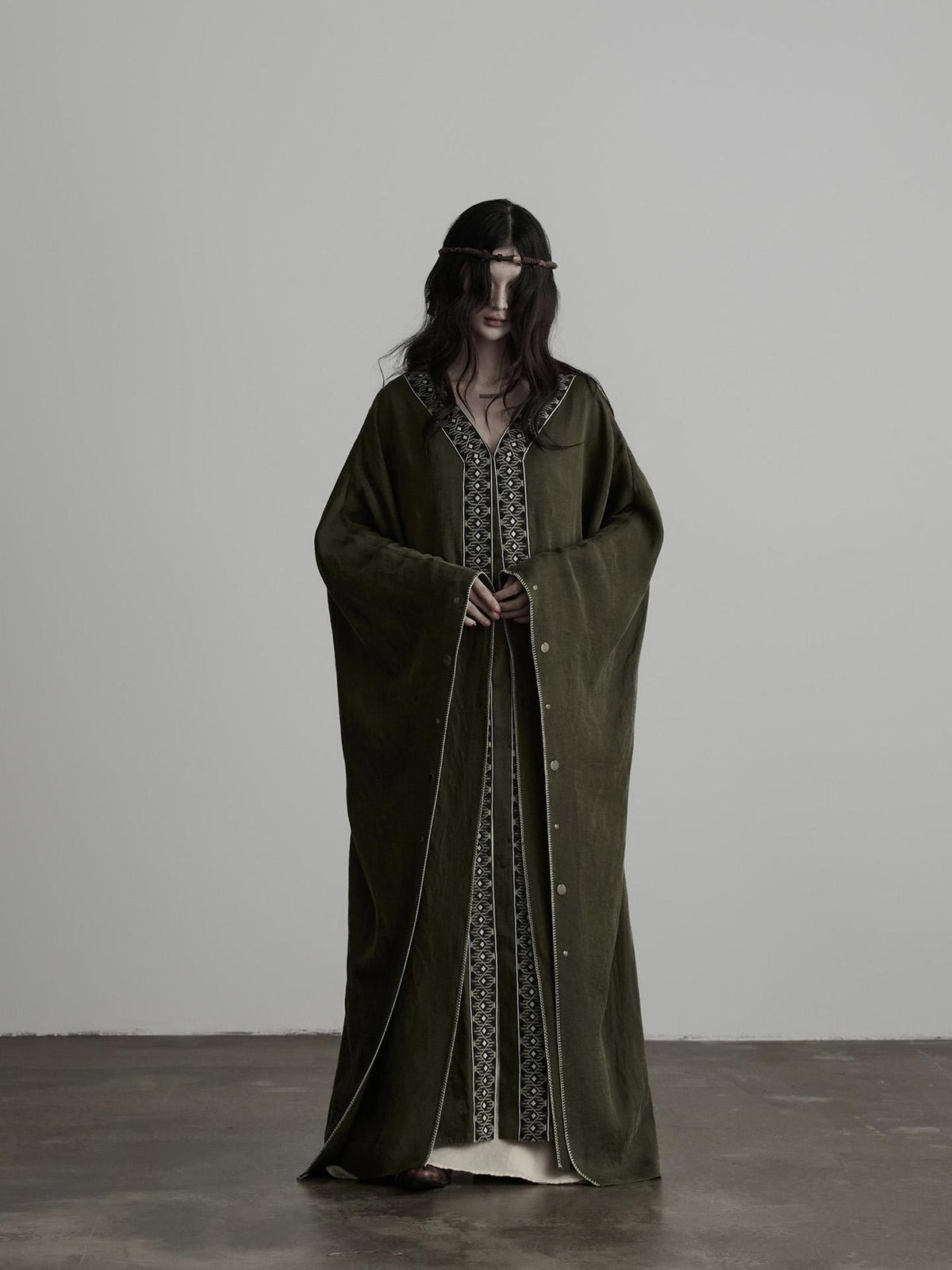 INDULGE Dark Forest Green Embroidered Detachable Hood Long Women&