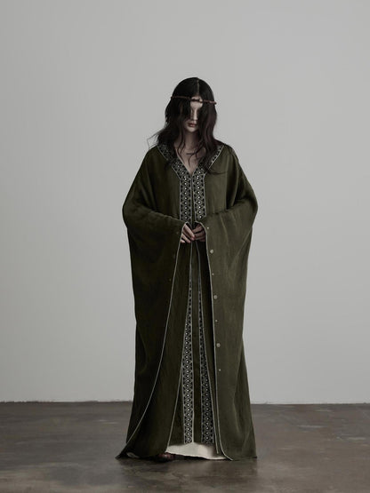 INDULGE Dark Forest Green Embroidered Detachable Hood Long Women&