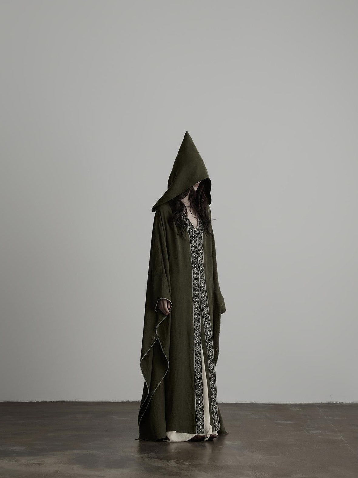 INDULGE Dark Forest Green Embroidered Detachable Hood Long Women&