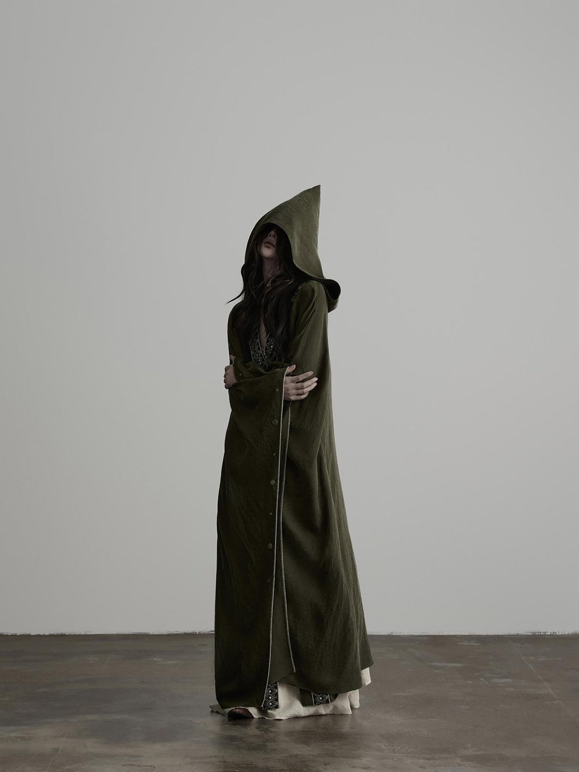 INDULGE Dark Forest Green Embroidered Detachable Hood Long Women&