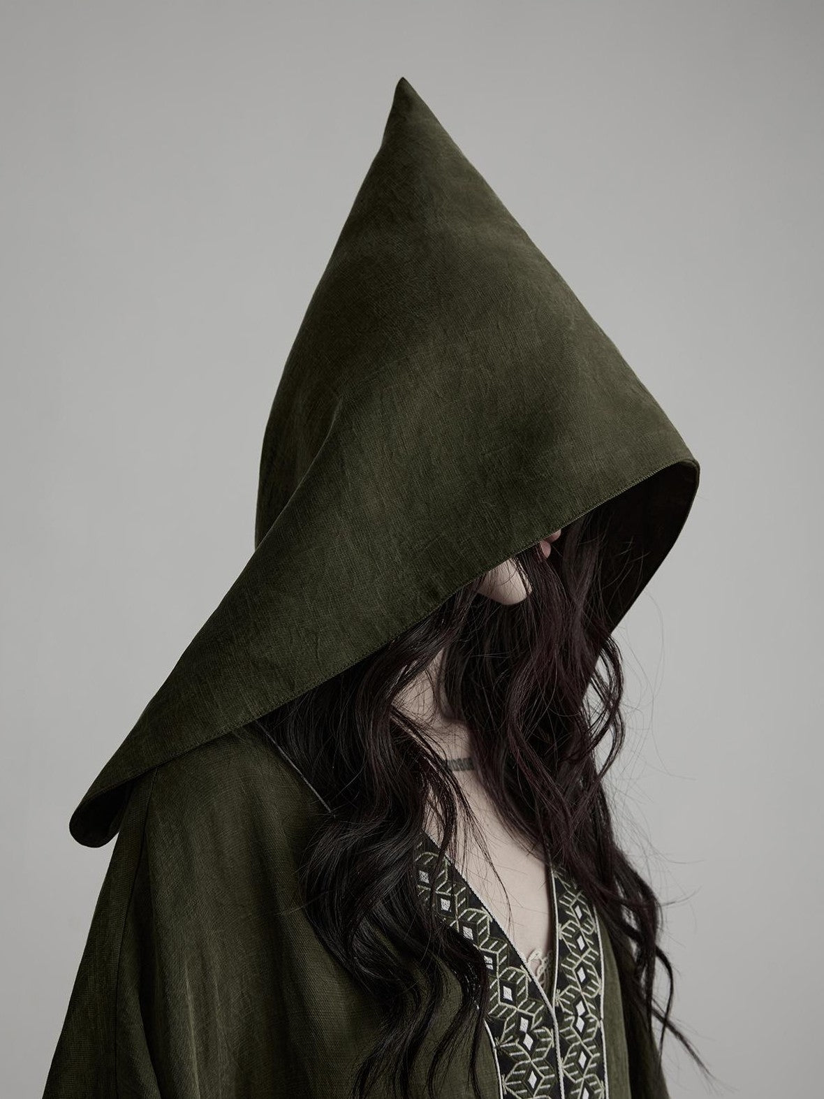 INDULGE Dark Forest Green Embroidered Detachable Hood Long Women&