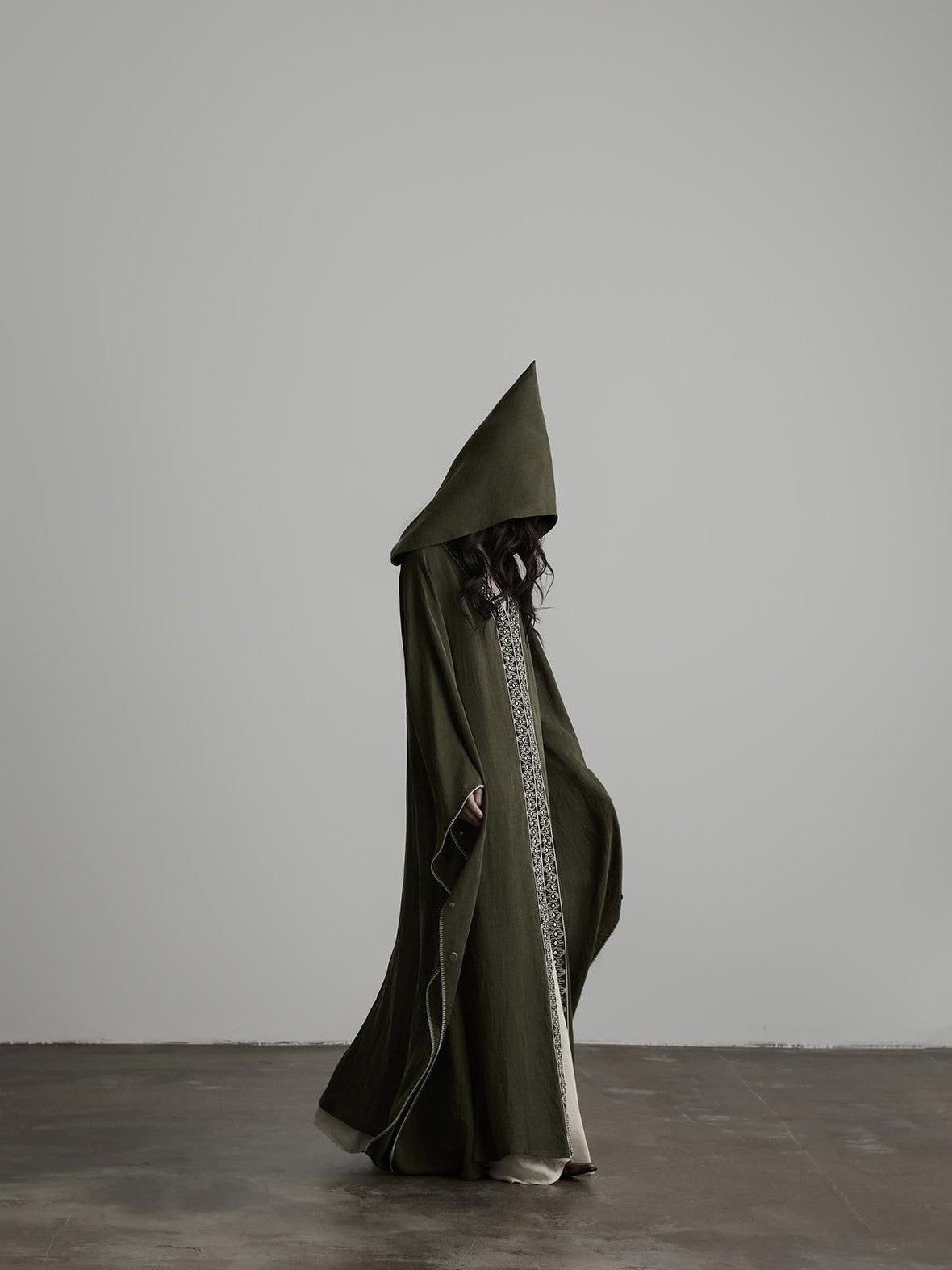 INDULGE Dark Forest Green Embroidered Detachable Hood Long Women&