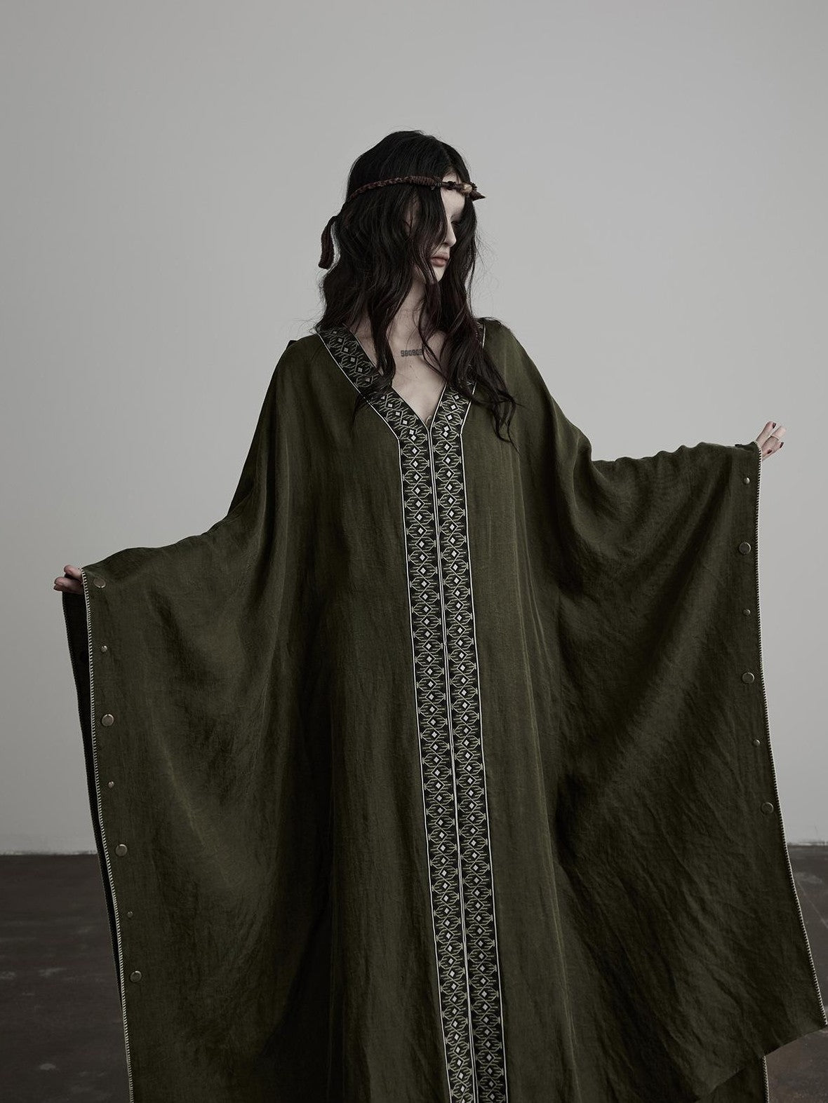 INDULGE Dark Forest Green Embroidered Detachable Hood Long Women&