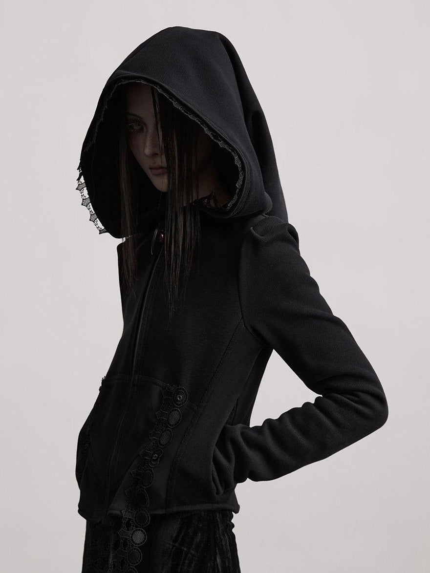 INDULGE Dark Gothic Slim Hooded Zip Short Black Cotton Blend Womens Cropped Jackets