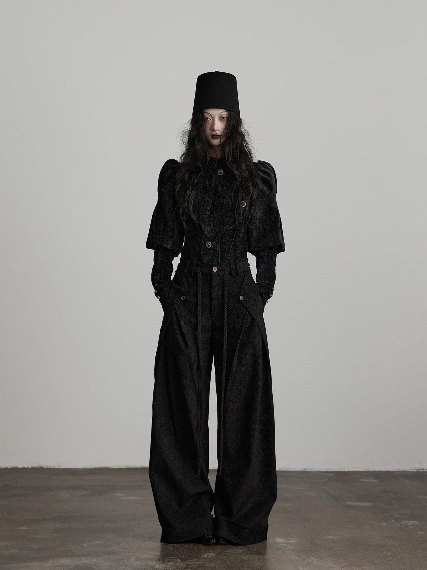 INDULGE Dark Gothic Solid Black Natural Waist Button Fly Pockets Women Wide-Leg Pants