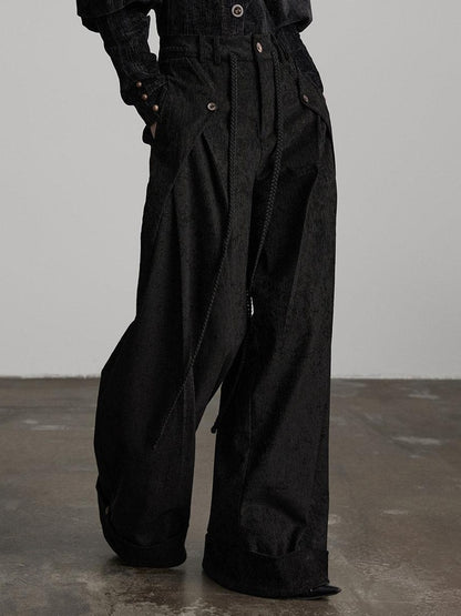 INDULGE Dark Gothic Solid Black Natural Waist Button Fly Pockets Women Wide-Leg Pants