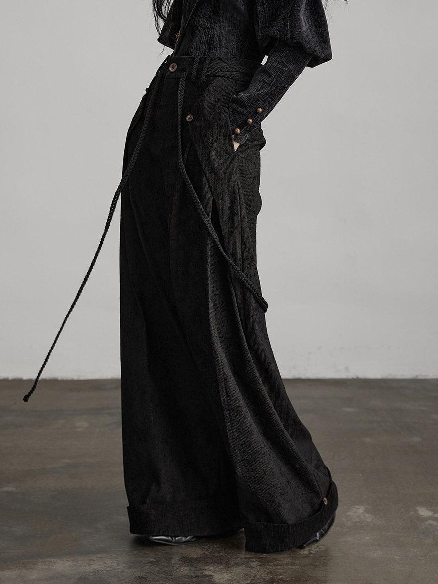 INDULGE Dark Gothic Solid Black Natural Waist Button Fly Pockets Women Wide-Leg Pants