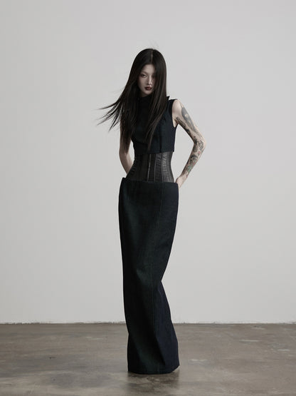 INDULGE_Dark_Green_Layered_3d_Spliced_Low_Waist_Slim_Lyocell_Women&
