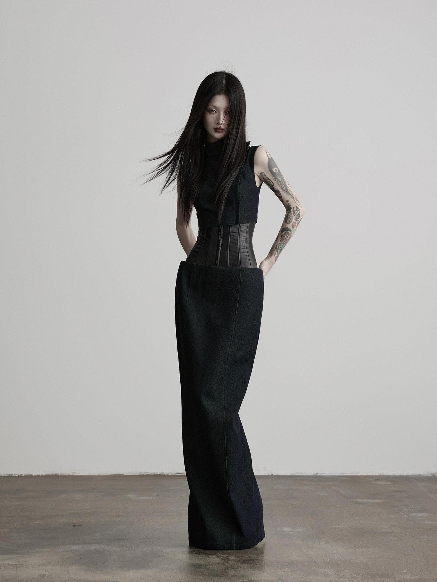 INDULGE Dark Green Layered 3d Spliced Low Waist Slim Lyocell Women&