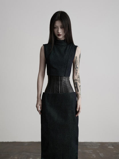 INDULGE Dark Green Layered 3d Spliced Low Waist Slim Lyocell Women&