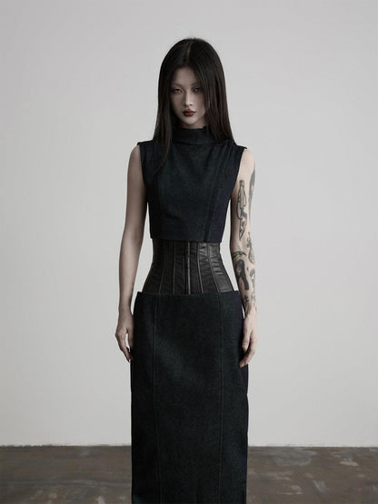 INDULGE Dark Green Layered 3d Spliced Low Waist Slim Lyocell Women&