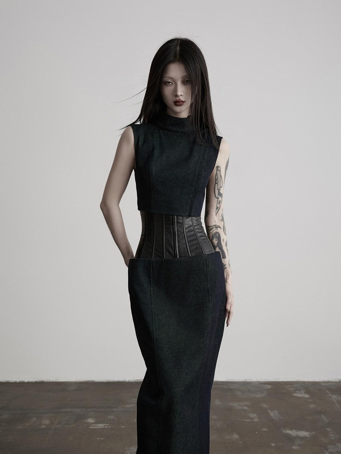 INDULGE Dark Green Layered 3d Spliced Low Waist Slim Lyocell Women&