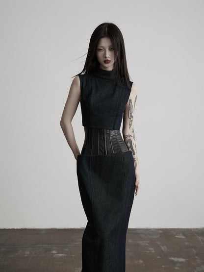 INDULGE Dark Green Layered 3d Spliced Low Waist Slim Lyocell Women&