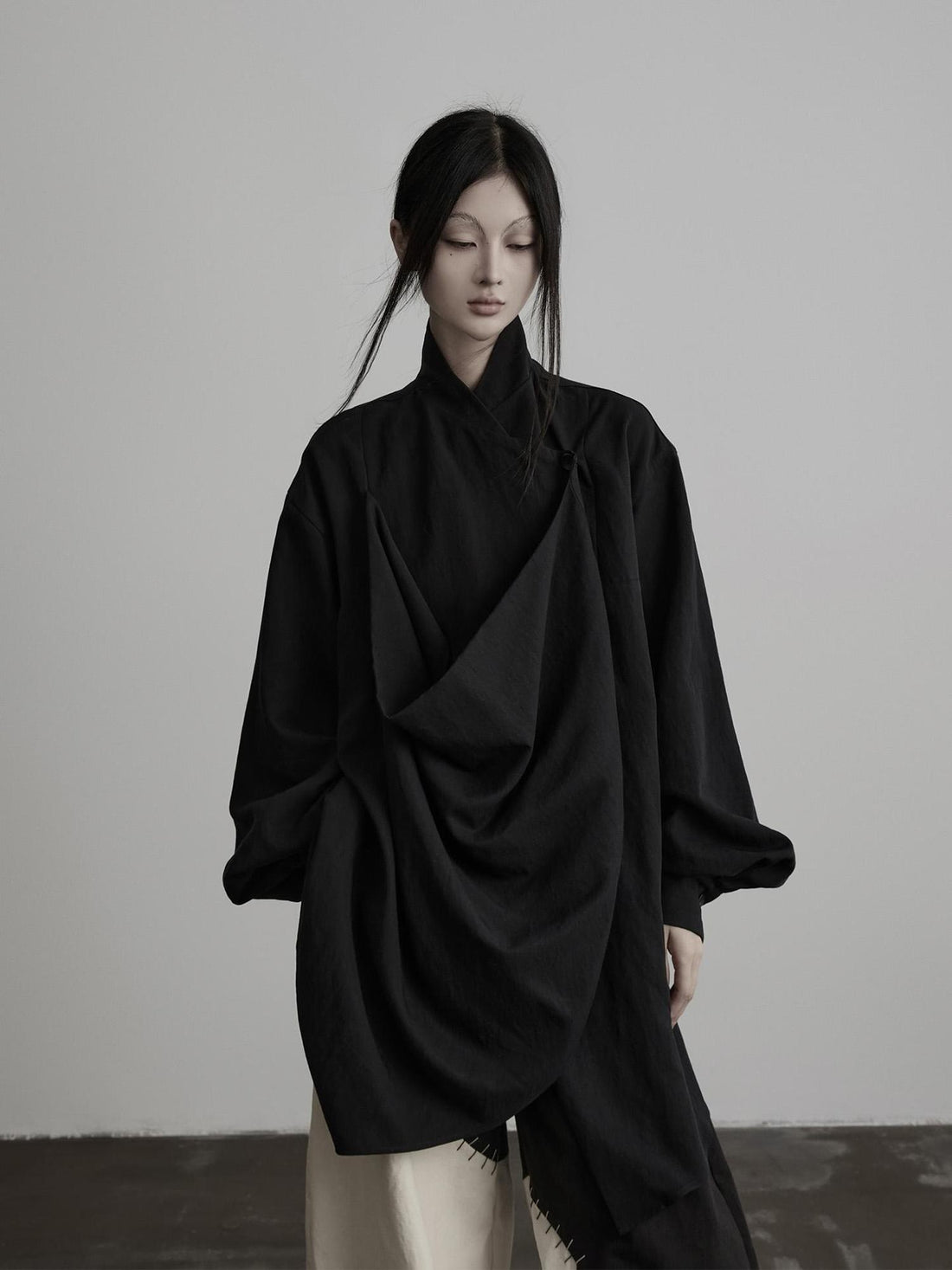 INDULGE Dark New Chinese Style 3d Structured Stand Collar Draped Women&