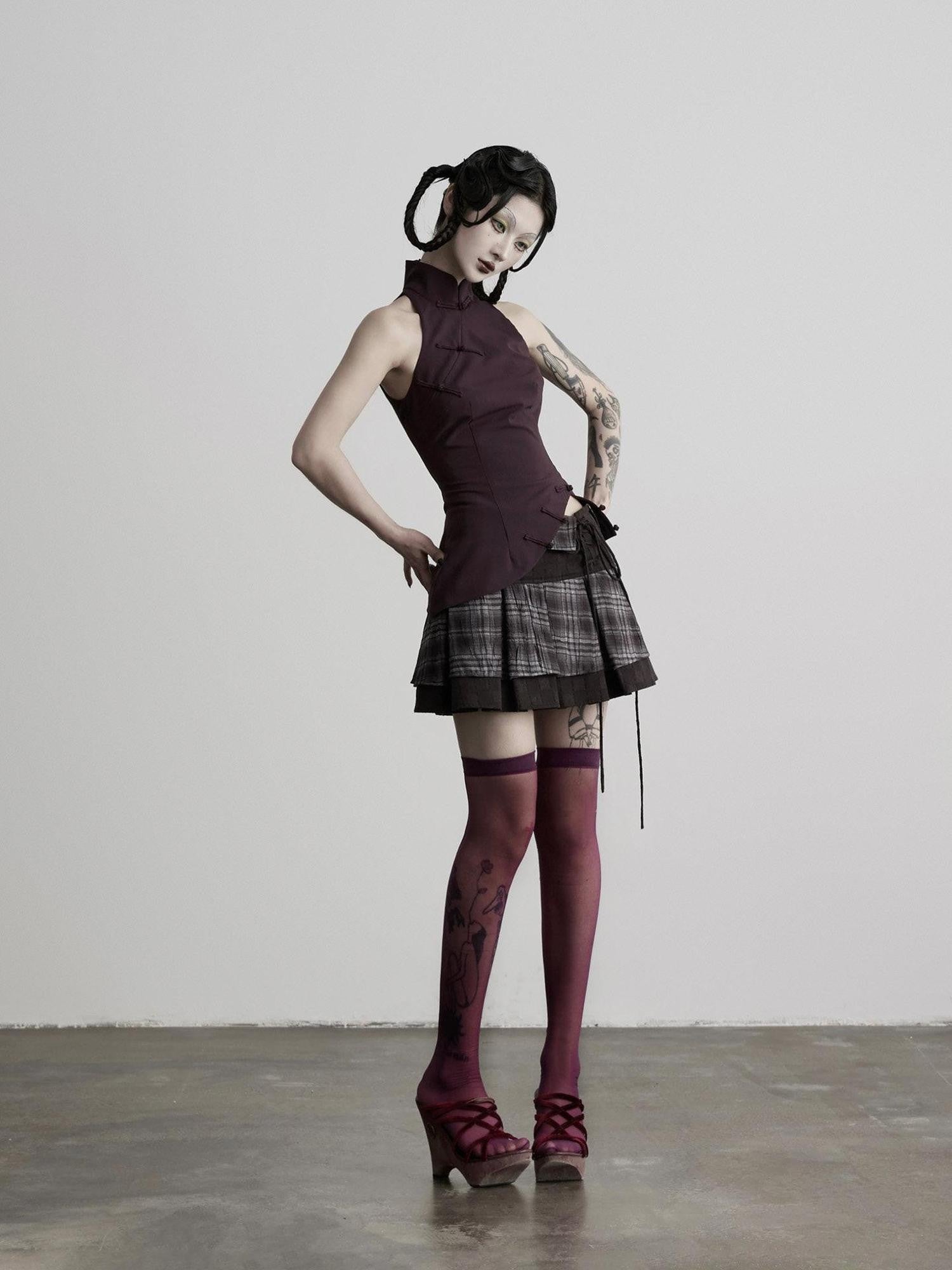 INDULGE Dark Plaid Tie Waist Folded Layer A Line Women&