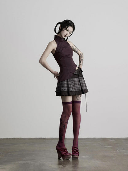 INDULGE Dark Plaid Tie Waist Folded Layer A Line Women&