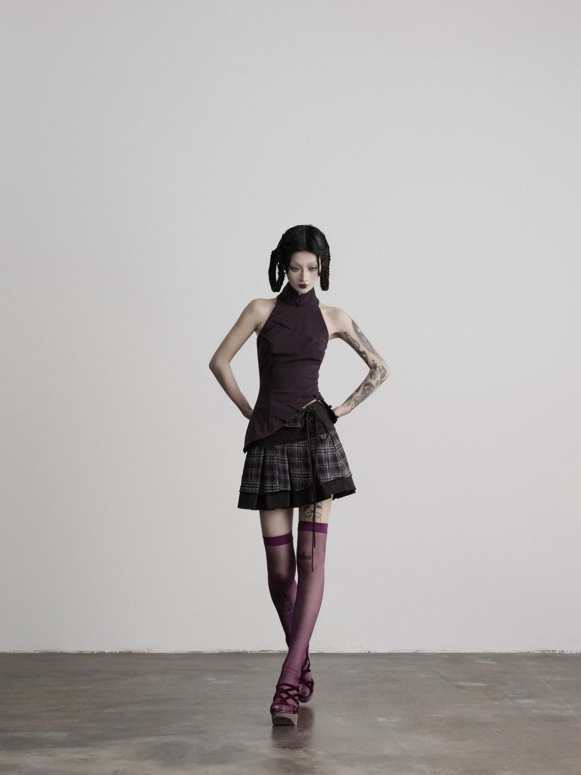 INDULGE Dark Plaid Tie Waist Folded Layer A Line Women&