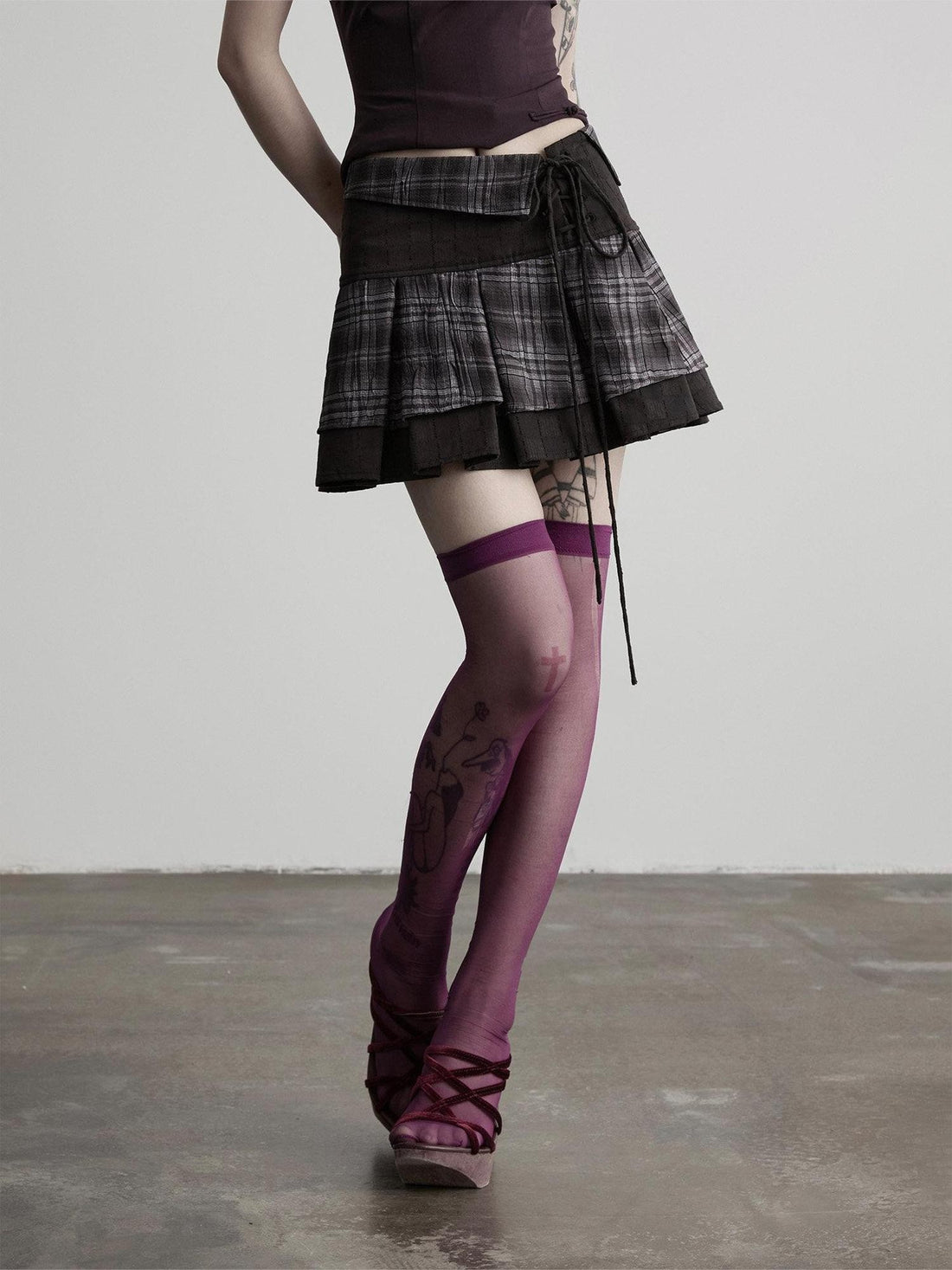 INDULGE Dark Plaid Tie Waist Folded Layer A Line Women&