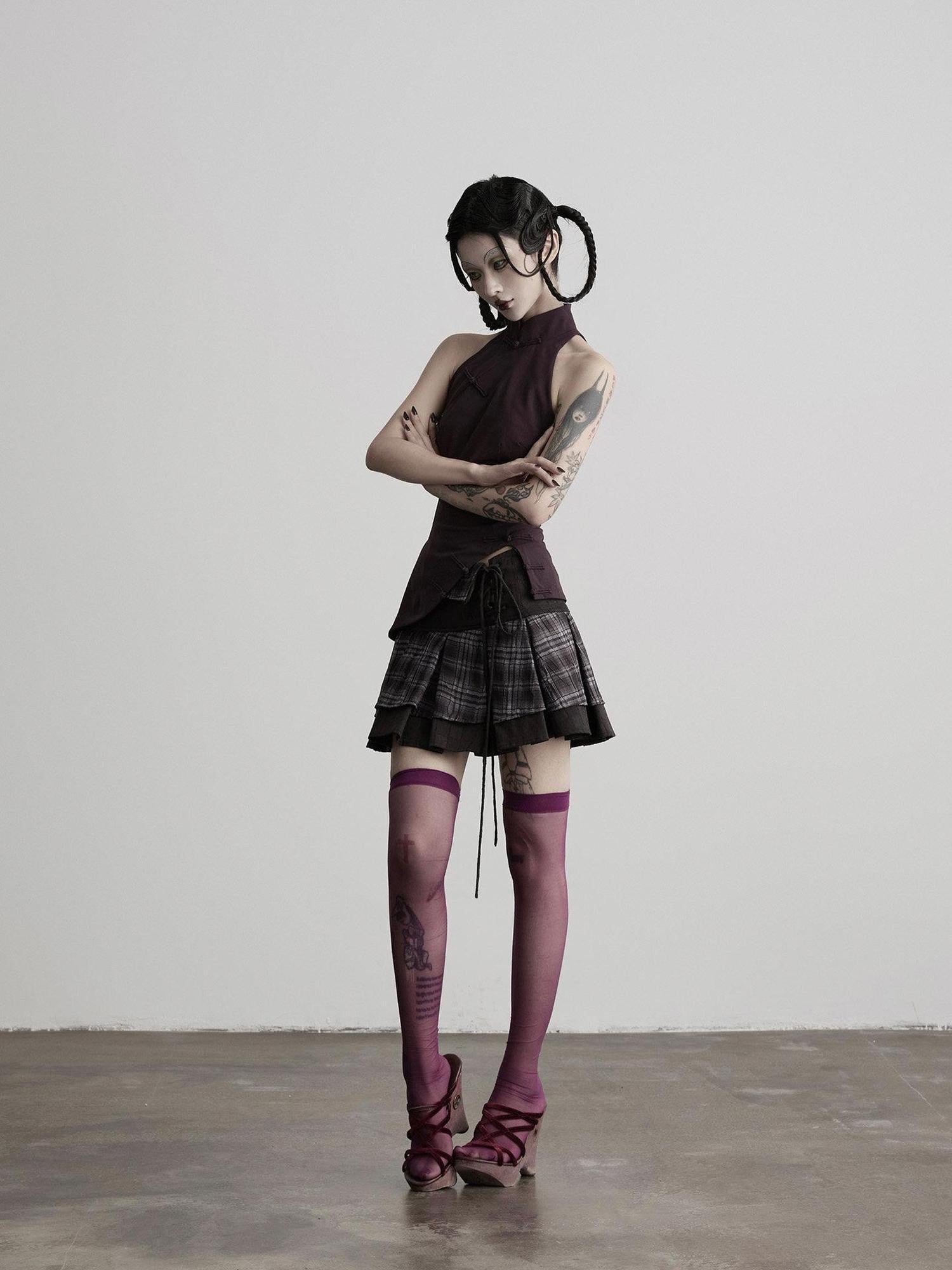 INDULGE Dark Plaid Tie Waist Folded Layer A Line Women&