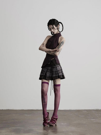 INDULGE Dark Plaid Tie Waist Folded Layer A Line Women&